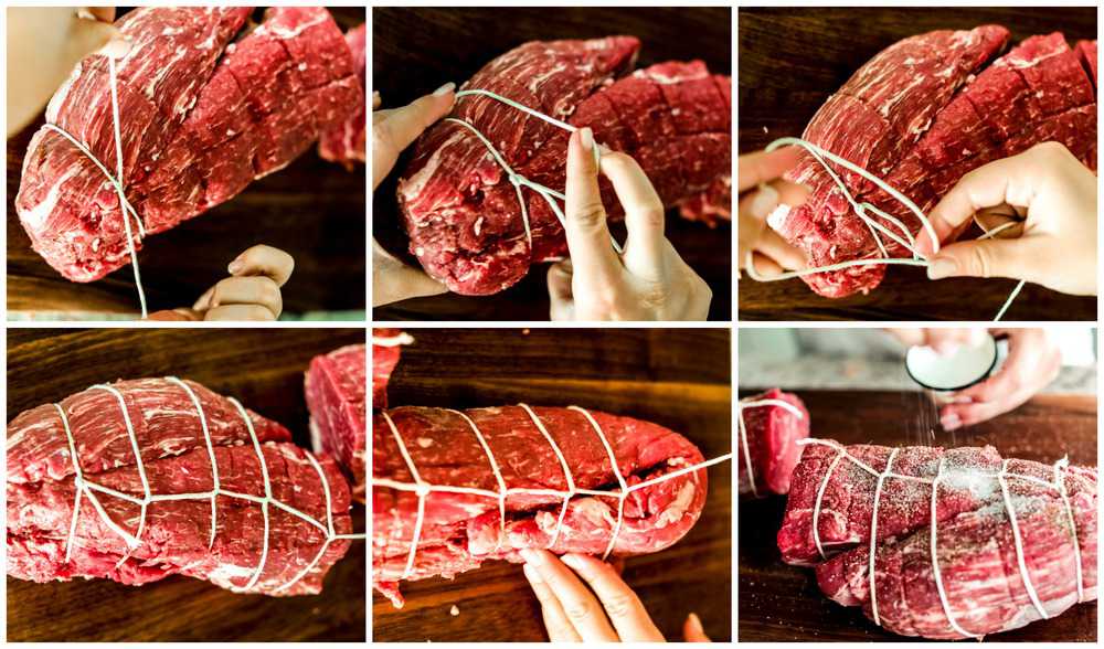 Collage of images showing how to tie the beef. 