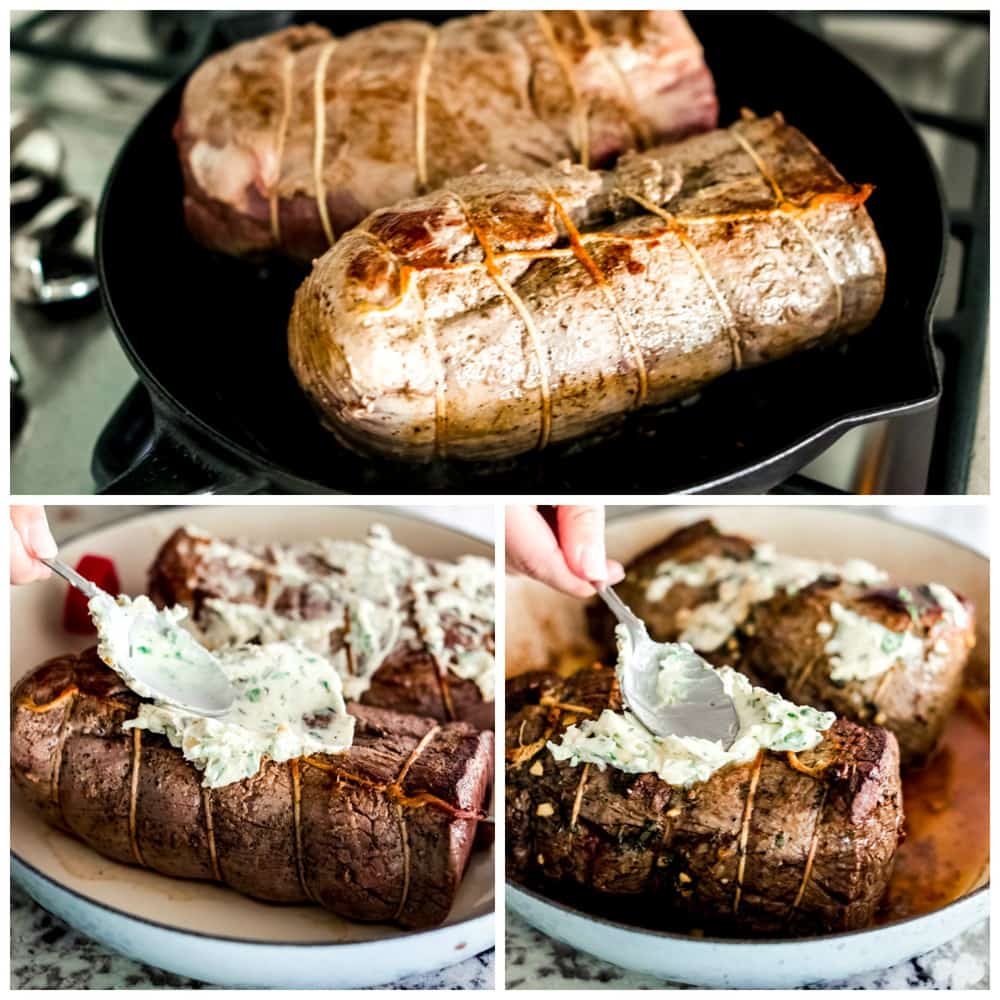 Browning the outside of the beef and slathering the butter of the top before roasting. 