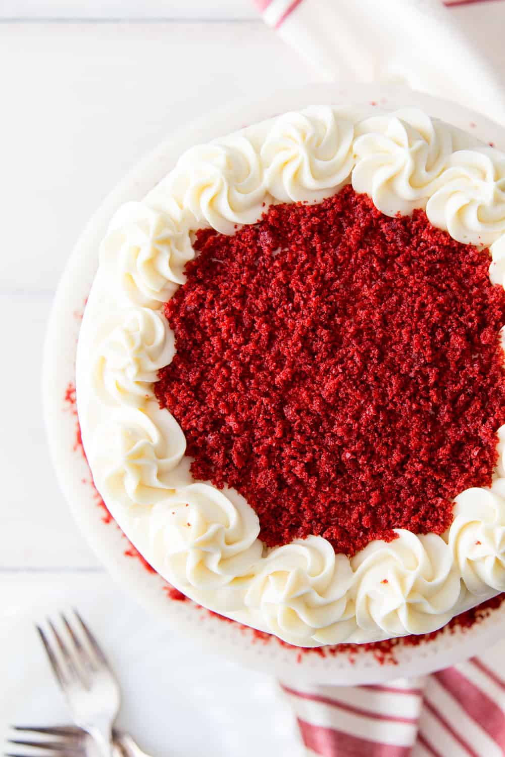 The top of a red velvet cake