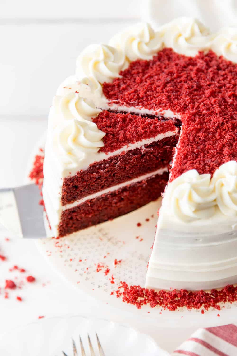 Red velvet cake on a cake stand