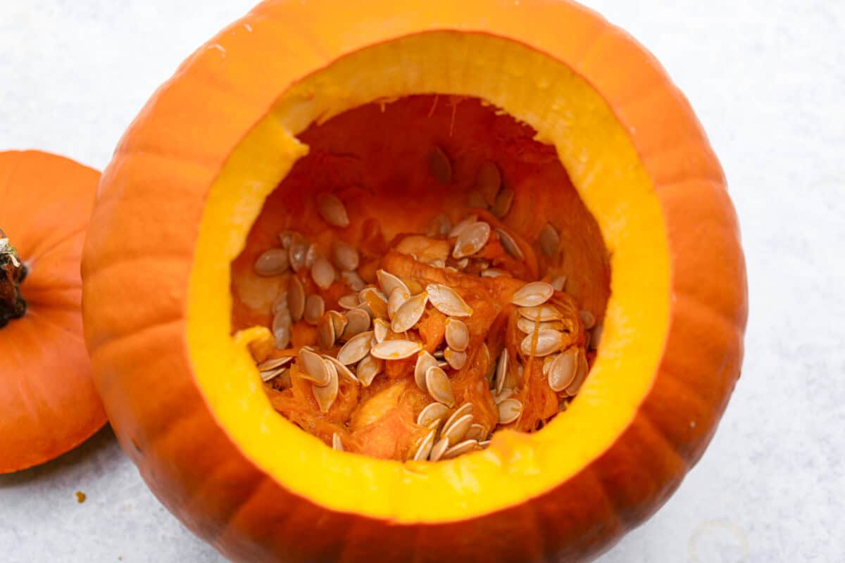 Overhead shot of carved out pumpkin.