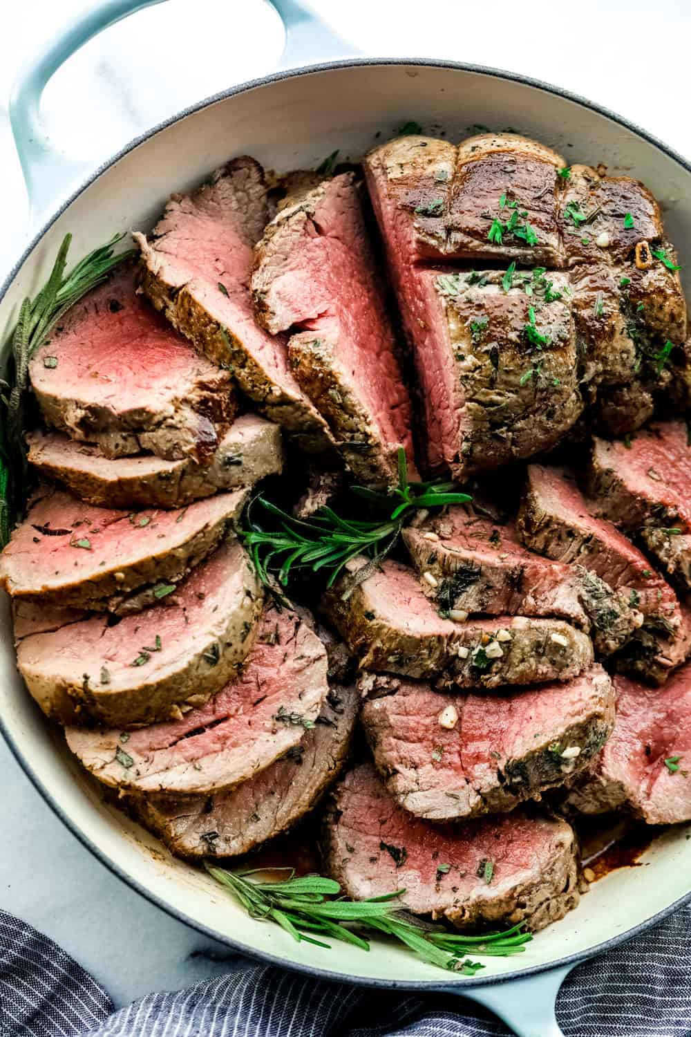 Overhead shot of a skillet with cut up beef tenderloin. 