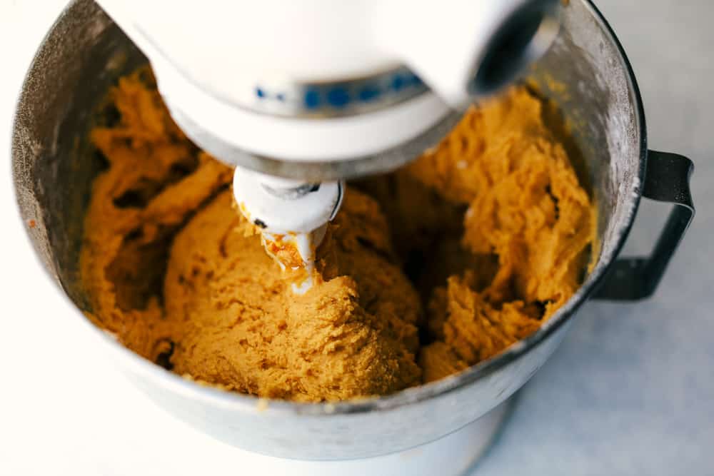 pumpkin snickerdoodle mixture in a kitchen aid