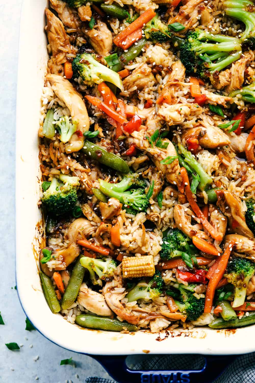 Top-down view of easy teriyaki chicken casserole.