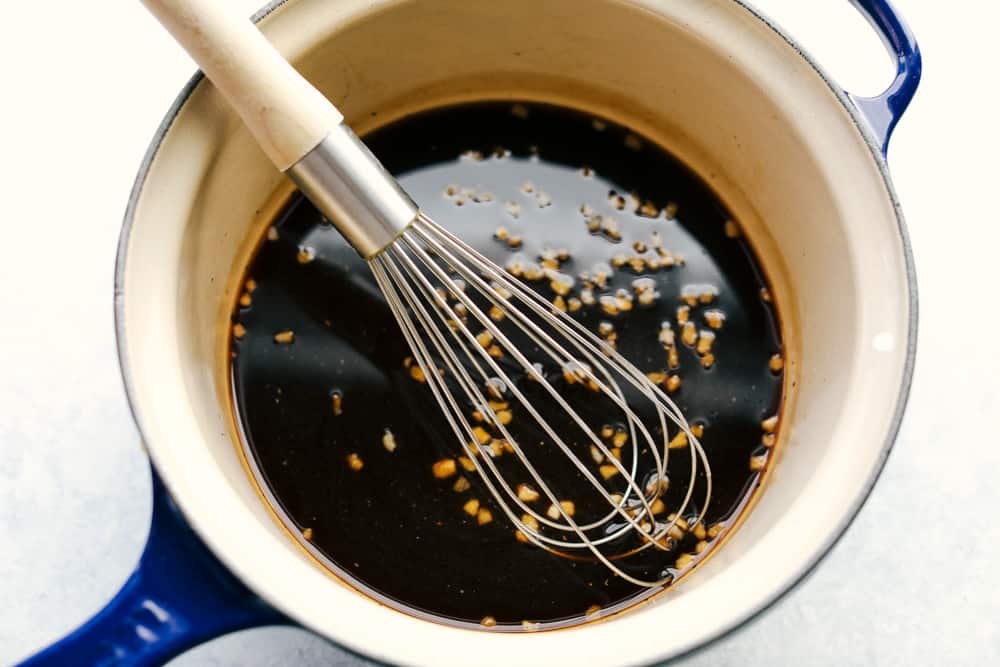 Teriyaki sauce being made in a pan.