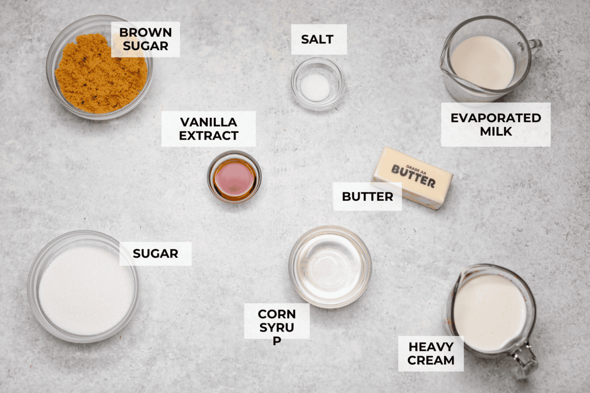 Overhead shot of labeled ingredients. 