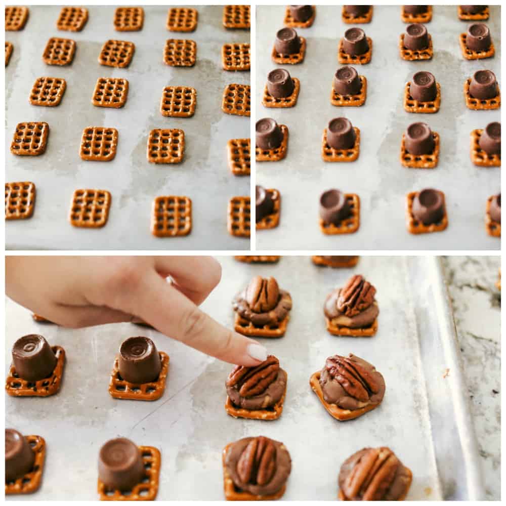 preparing and making rolo pretzel turtles 