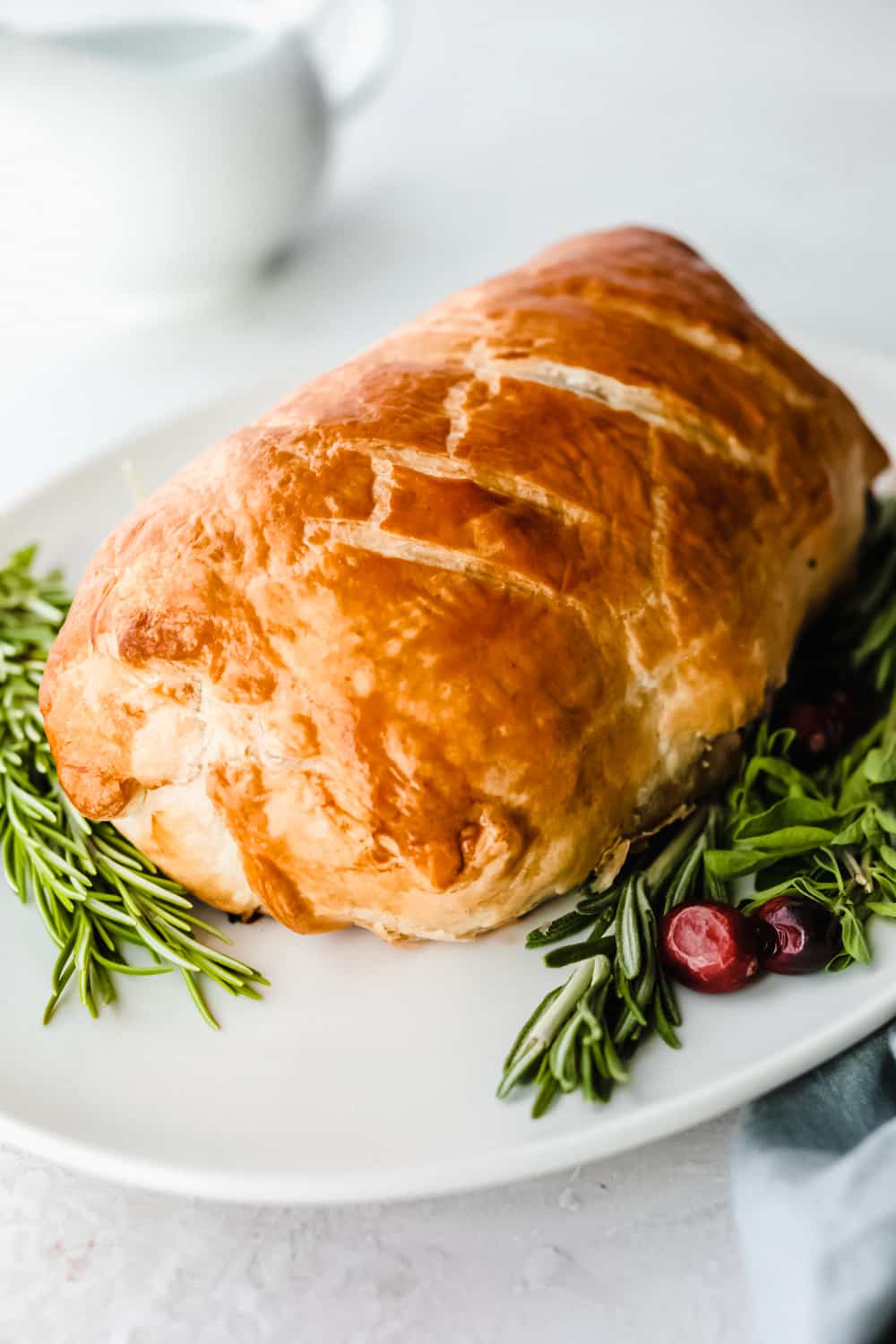 Beef Wellington baked on a plate