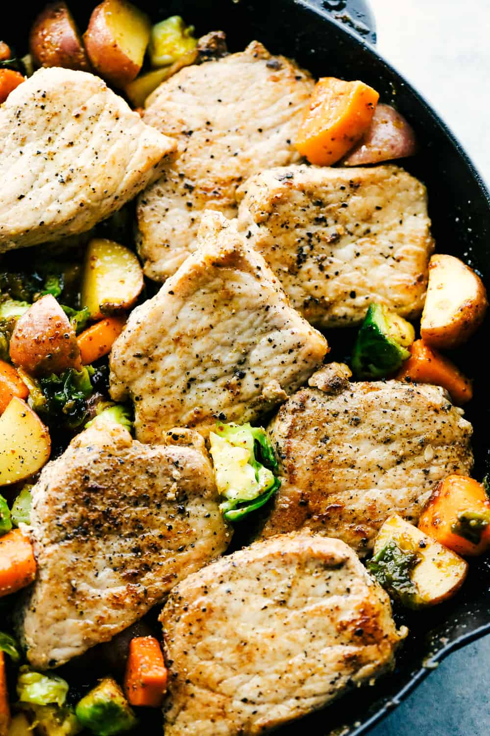 skillet pork chops with maple dijon vegetables 