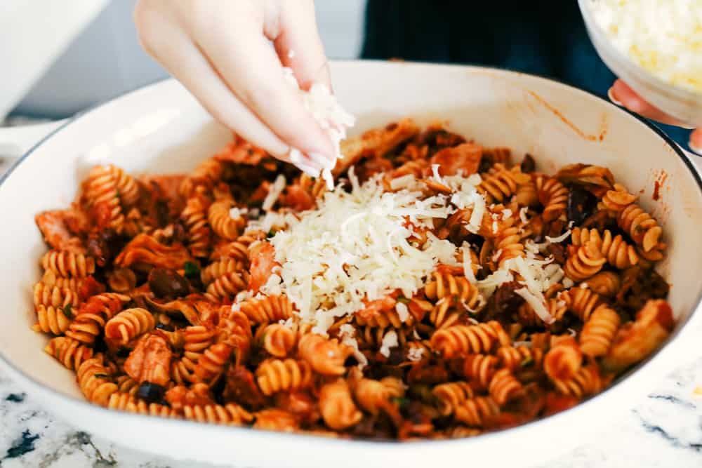 turkey mediterranean casserole in a dish. 