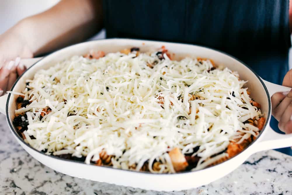 Turkey Mediterranean casserole getting ready to be baked 