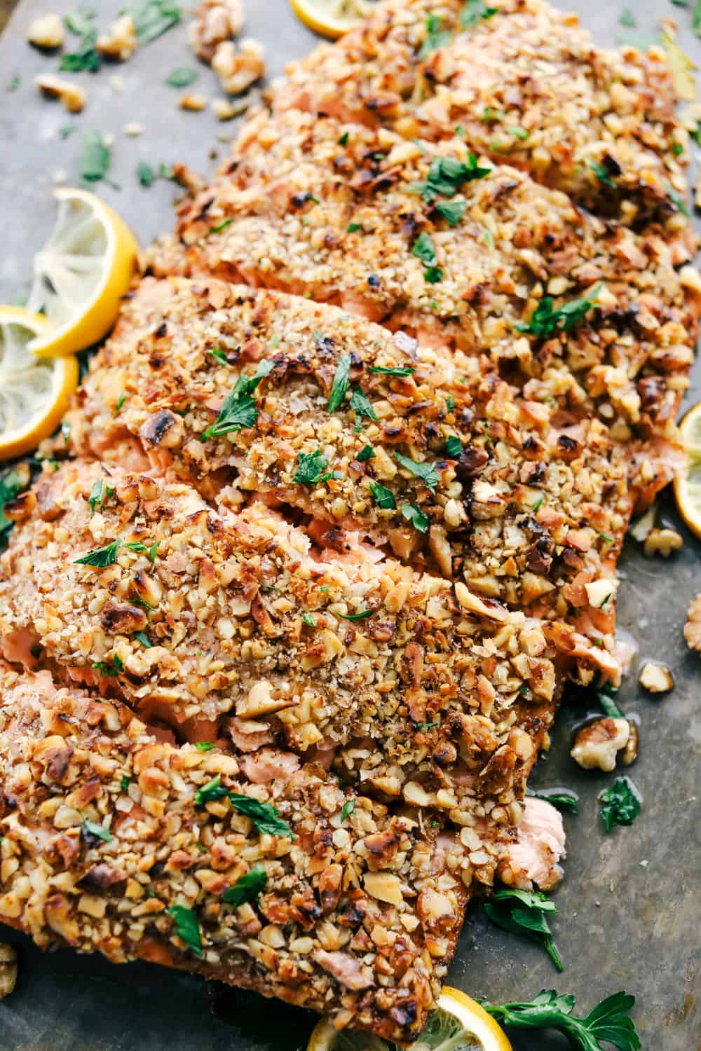 Walnut crusted maple salmon cut into sections 