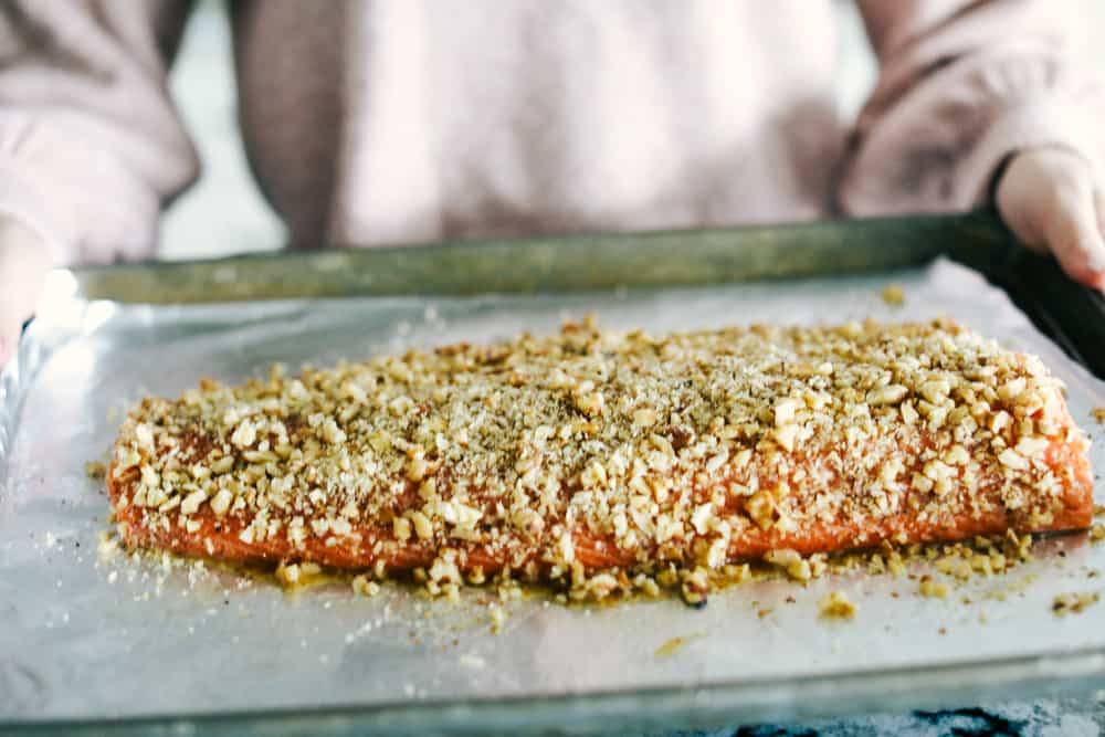 Walnut crusted maple salmon on a sheet pan and ready to bake. 