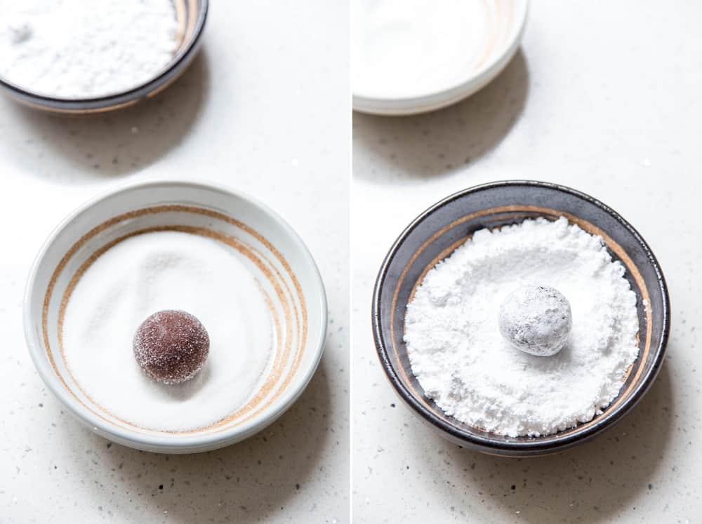 Rolling cookie dough in sugar then powdered sugar.