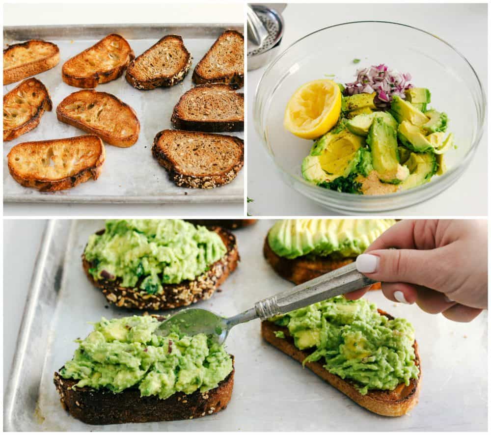 Avocado toast being toasted then mixed together in a bowl and spread over top the toasted bread. 