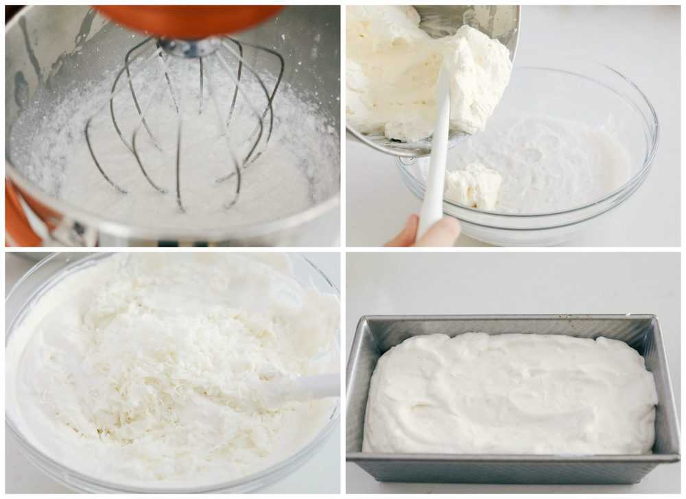 The process of mixing with a KitchenAid then scooping it into a bowl to add in coconut then placing in a freezer pan. 