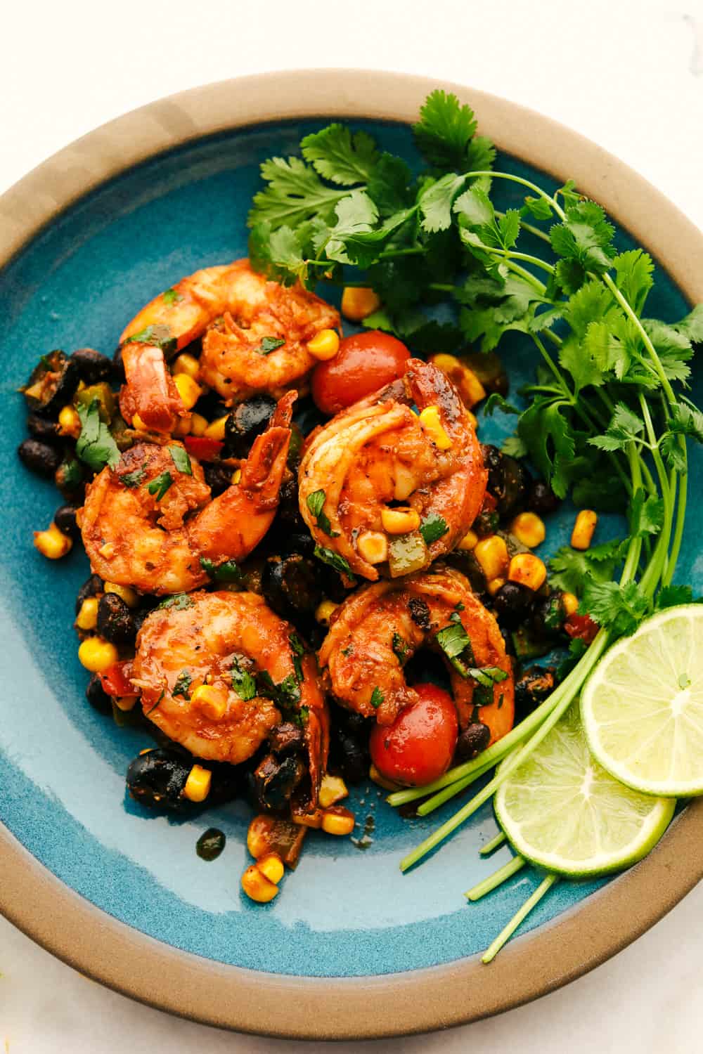 Mexican shrimp skillet served on a plate. 