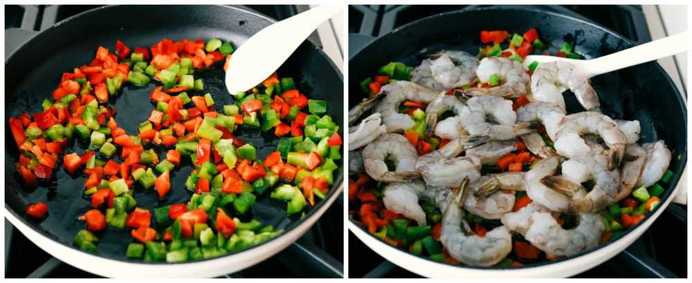 Red and green bell peppers chopped and diced sautéing in a skillet then adding in shrimp to sauté. 