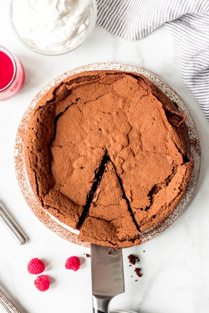 An image of a chocolate torte with one slice being removed.