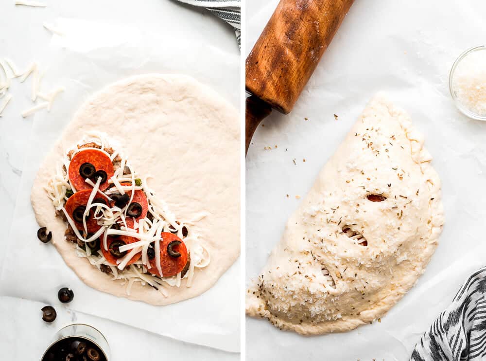 A circle of dough with pizza toppings on one half of it. A pre-cooked calzone ready to bake.