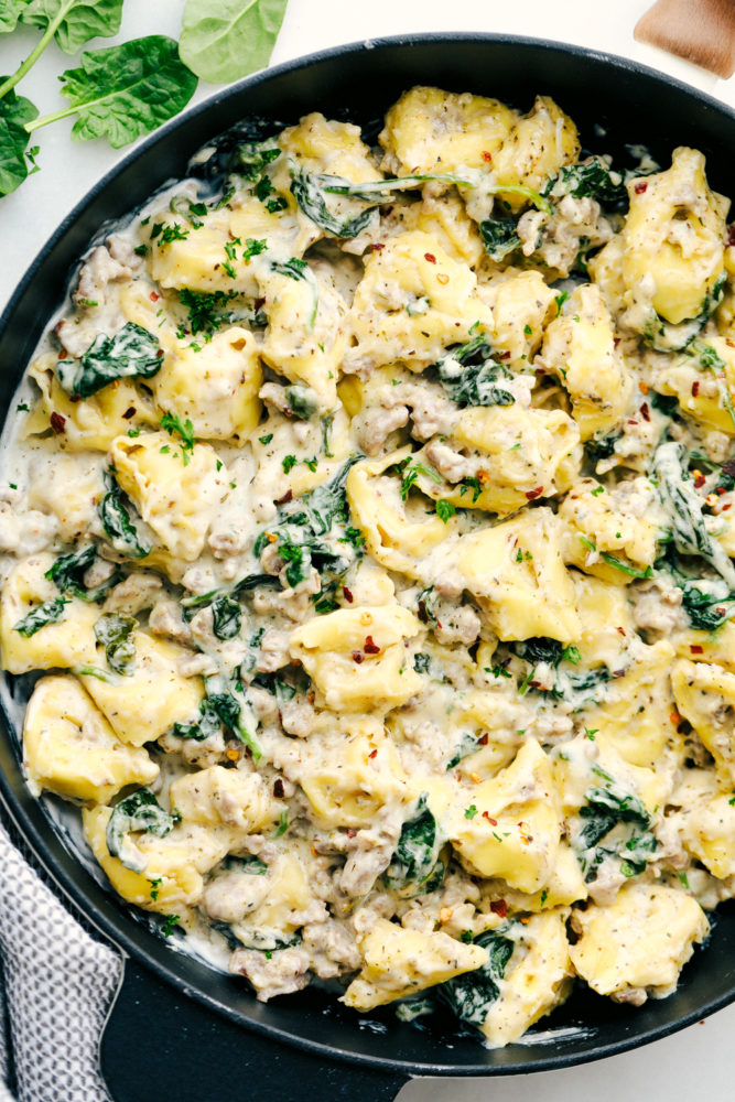 Sausage tortellini skillet in cooked together in a skillet. 