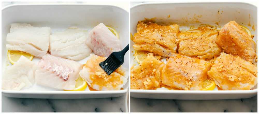 The process of baking cajun garlic butter cod. Filets of cod placed in a baking pan brushed cajun garlic butter on them then the after photo of it on the cajun butter on the cod filets.