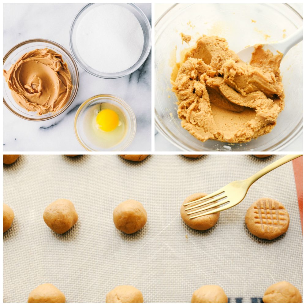 3-photo collage of the cookie ingredients, all of them being mixed together, and then formed into balls.