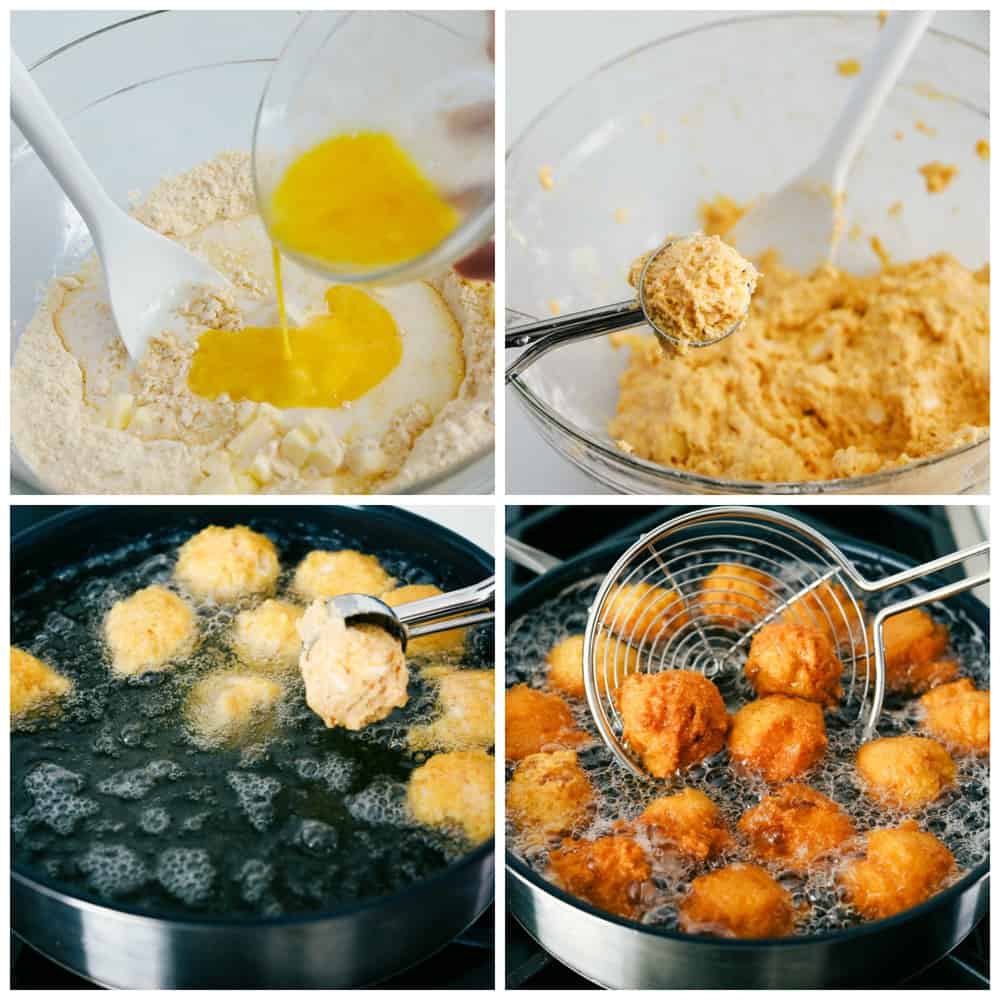 The process of making hush puppies with the cornmeal and egg mixed together, the dough formed in a ball then added to the oil for frying until golden brown. Then removed with a strainer from the oil.