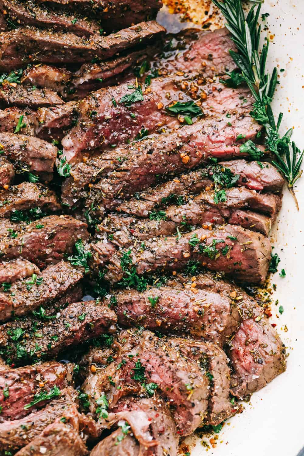 London Broil sliced on a platter.