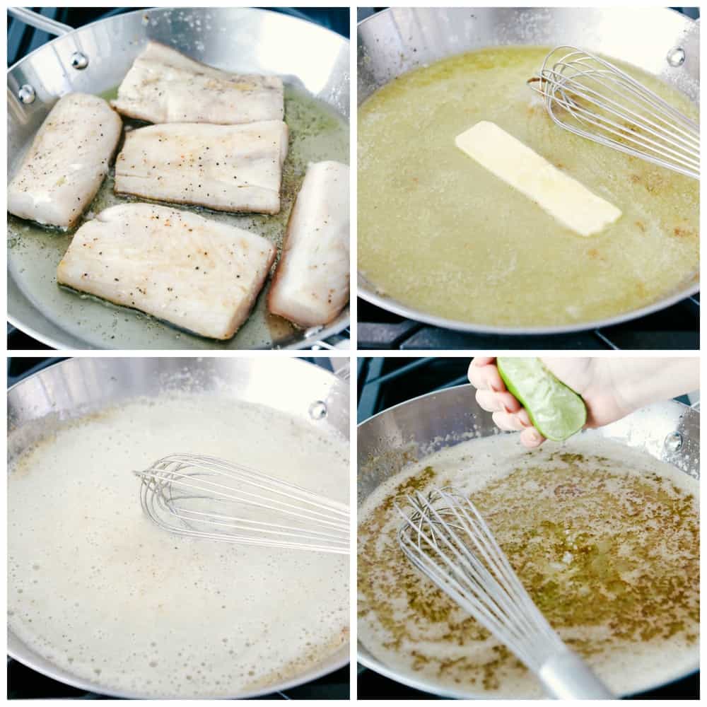 The process photos of the Mahi Mahi filets being cooked in a skillet. First photo shows filets being cooked in oil, then removing the Mahi Mahi the butter is being melter and whisked together in seasonings and lime juice is being squeezed overtop. 