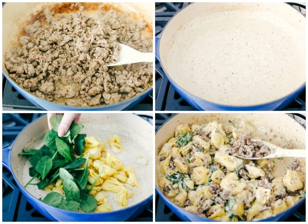 The process of making sausage tortellini in a skillet. First, cook the ground sausage, then make creamy sauce and add in tortellini, spinach and sausage then stir together in the one skillet.