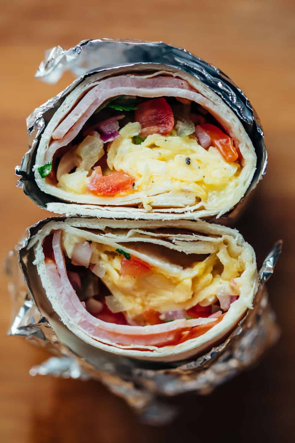 Breakfast burritos packed in foil