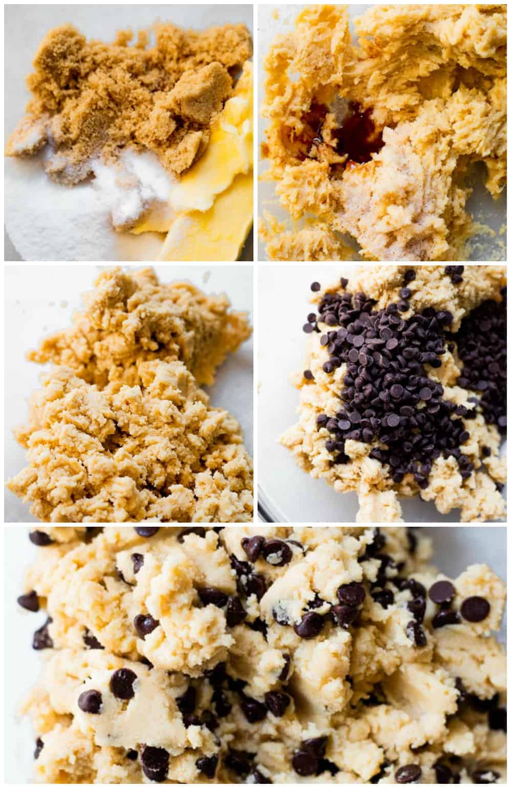 The process of making edible chocolate chip cookie dough. 