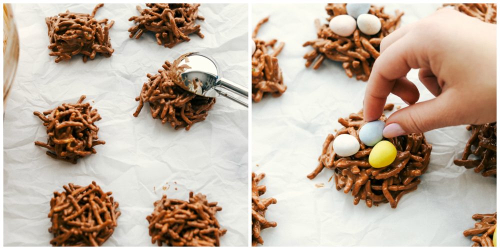 Scooping the bird's nests to the parchment paper then adding Cadbury eggs on top. 