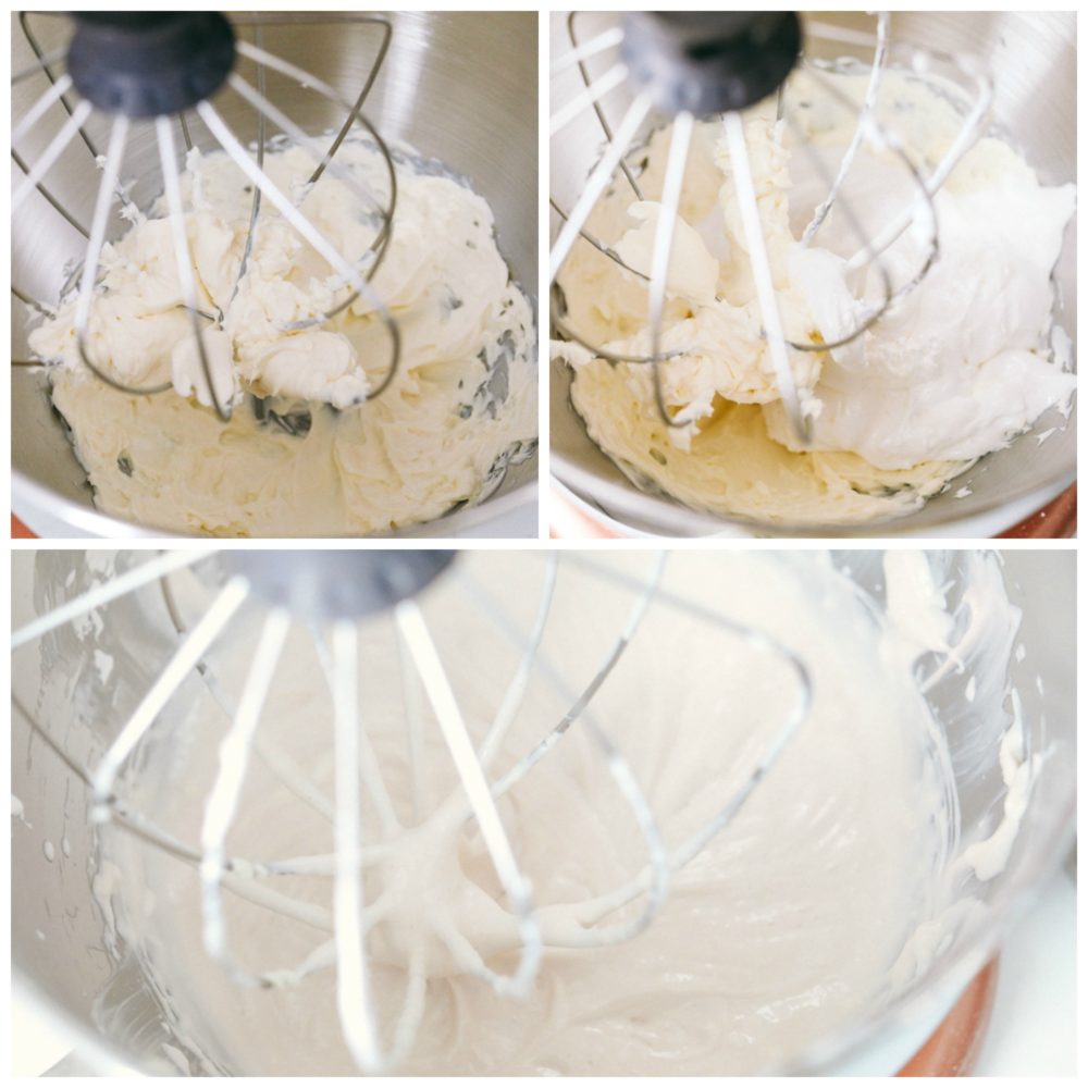 Mixing the marshmallow cream cheese fruit dip together in a kitchen aid mixer.