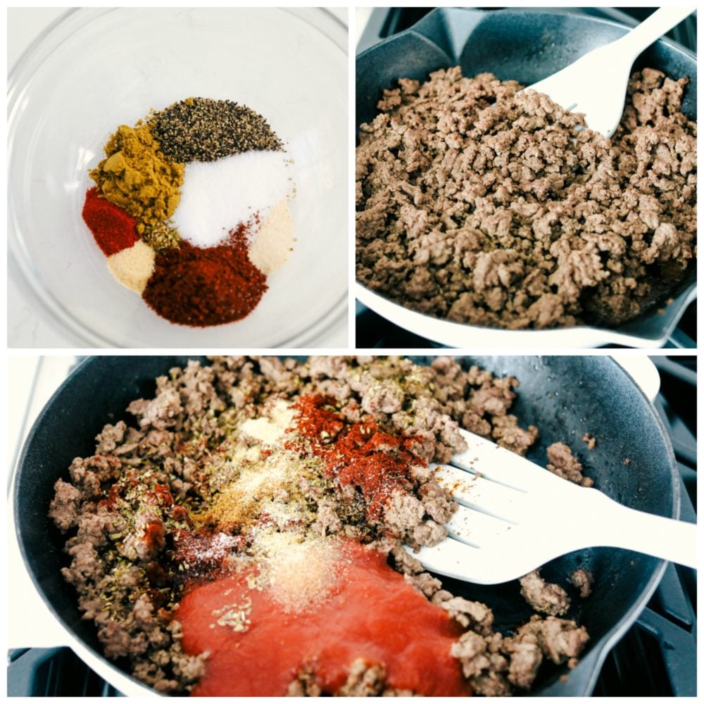 Making homemade taco seasoning and adding it to the ground beef after it is cooked then adding in tomato paste and stirred together. 