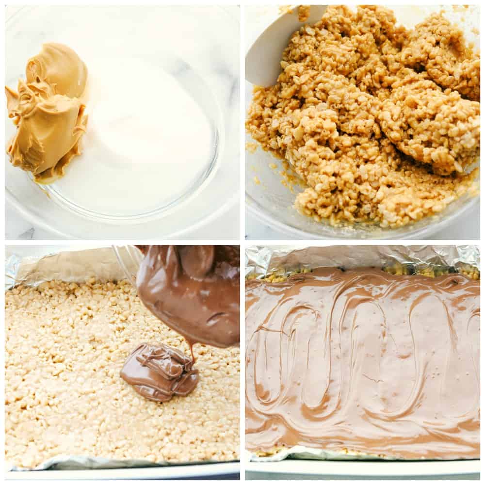 Melting the peanut butter and sugar together then adding the cereal mixture and pressing it into the pan. Then adding the melted chocolate over top and letting sit. 