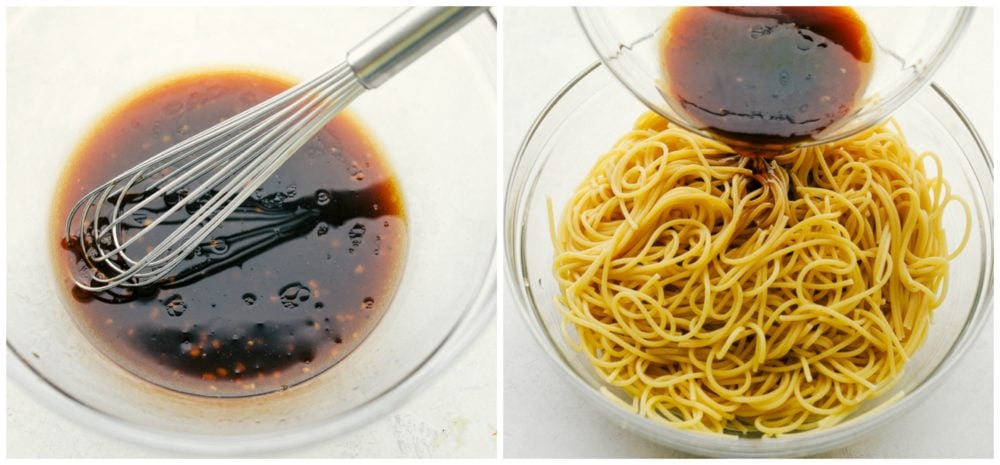 Whisking together the sesame garlic sauce in one photo on the left side and on the right side the sauce being poured over the cooked pasta. 