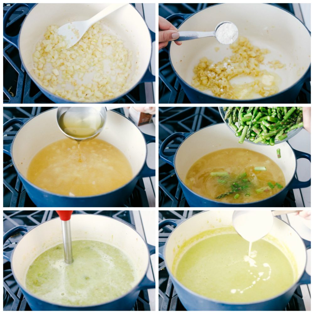 The photos are six shots of making the asparagus soups in a pot. 