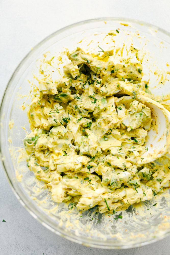 Avocado egg salad mixed together.