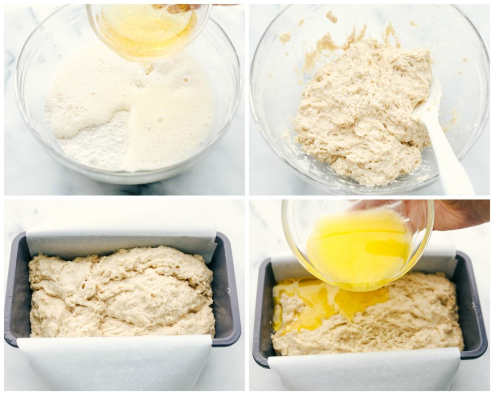 The process of making butter beer bread by combining all ingredients together then letting it sit then adding it to a loaf pan with parchment paper underneath. 