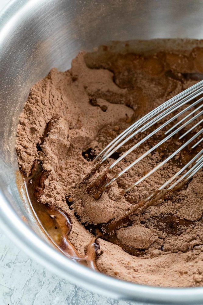 whisking chocolate powder in a bowl