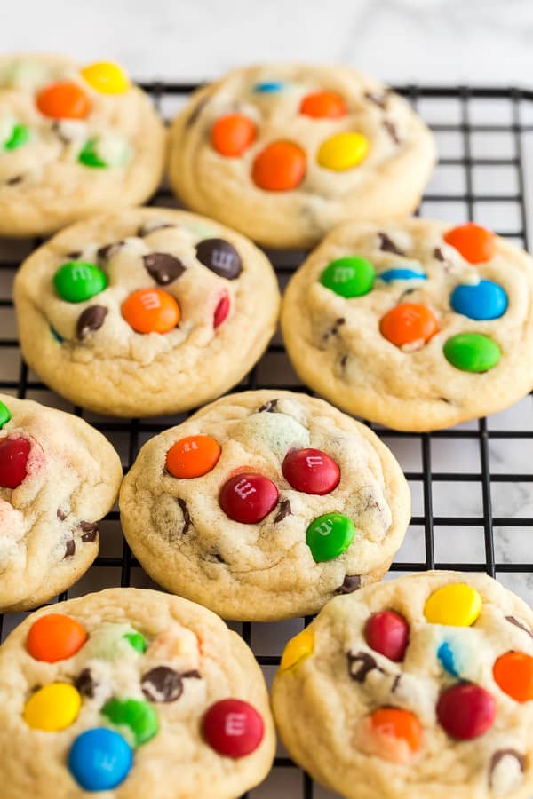 m&m cookies on wire rack