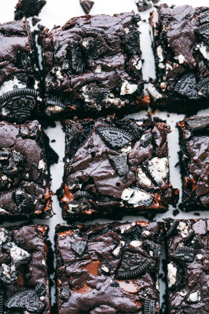 Oreo brownies photo over head of cut up brownie slices. 