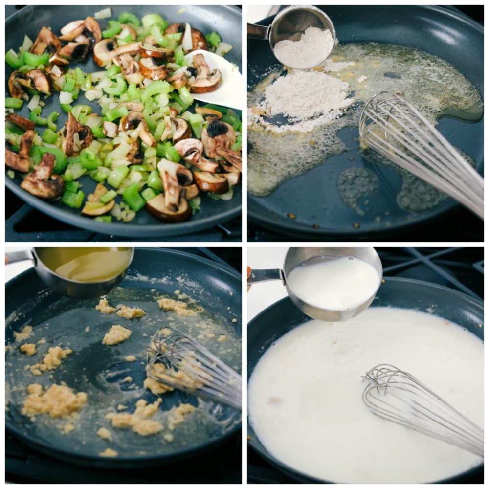 The process of sautéing mushrooms celery then making a roux with flour, chicken broth and milk. 