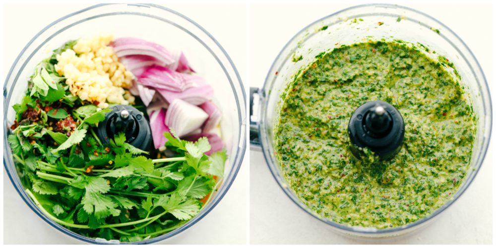 Blender full of chimichurri sauce ingredients and another blender with it blended together. 