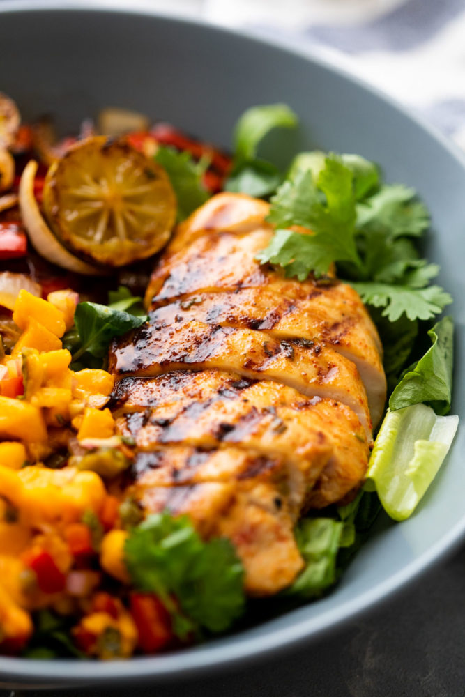 Closeup of cilantro lime chicken in the salad