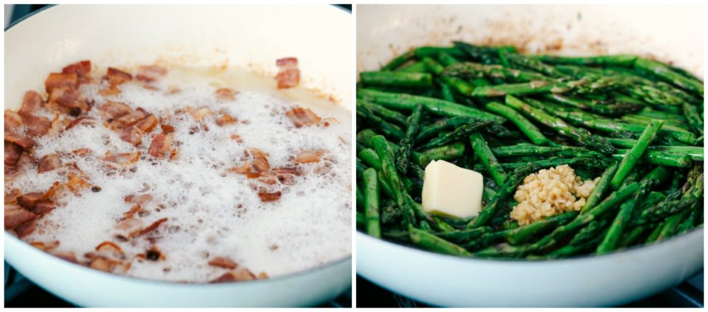 A photo collage of bacon being cooked in a white skillet and the other photo of asparagus being cooked with butter and garlic. 