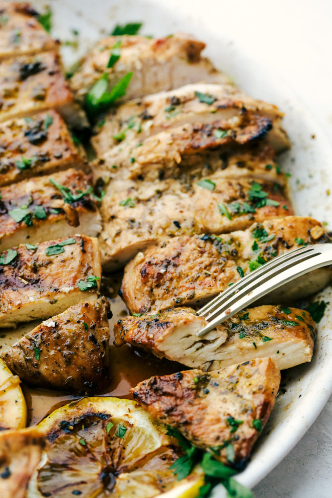 Finished marinated chicken sliced on a plate.