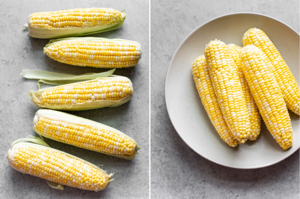 grilled corn collage (corn ears with husks and without)